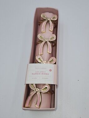4 Set Two's Company Pink & Gold Bow Napkin Rings Breast Cancer Nickel Enamel